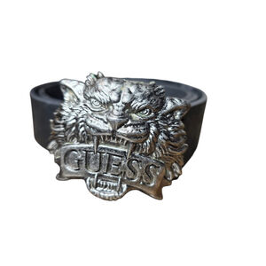 Vintage GUESS Tiger Head Belt Black Synthetic Leather Size M 34-36 Taiwan